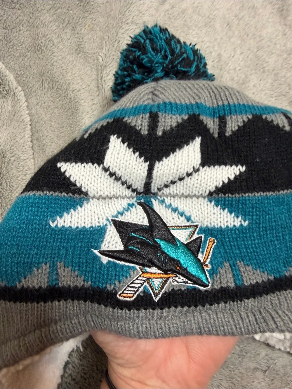 Kids Gray & Teal Fleece-Lined Earflap Pom Hat